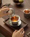 Gilded Silver "Ten Thousand Buddhas" Grottoes Sancai Gaiwan