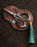 Artisan "Flowing Petal" Tassel Shears | Precision Tea Art Scissors with Brocade Sleeve