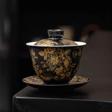 Gold-Lined Peony Ceramic Gaiwan - High-End Anti-Scald Teaware