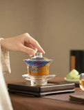 Peony-Etched Glass Gaiwan - Large, Anti-Scald Design