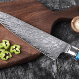 Gyuto (ぎゅうとう) Japanese Damascus Steel Knife with Coloured Blue Handle