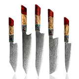 Pristine Japanese Chef Knife Set with VG-10 Damascus Steel Exotic Stabilized Olive Wood Handle & Sheath